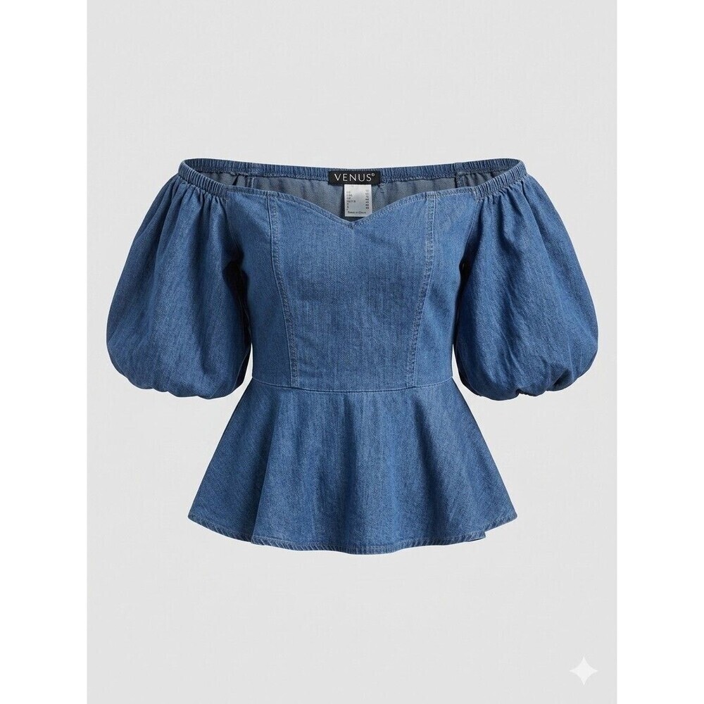 VENUS Denim Off The Shoulder Peplum Top Chambray Puff Sleeve Size 10